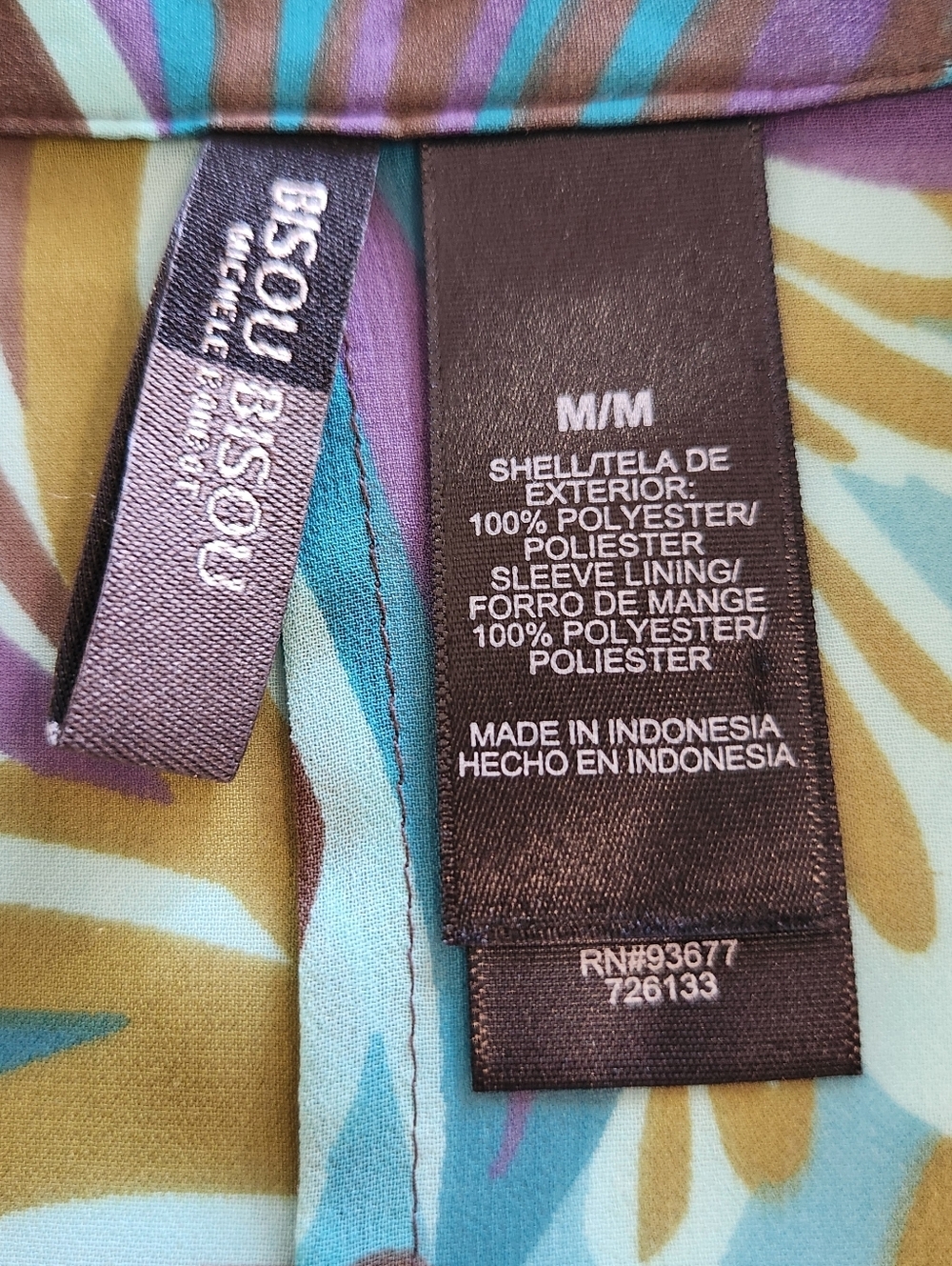 Bisou Bisou Teal, Olive & Purple Abstract Floral Puff-Sleeve Blouse Size Medium - Picture 2 of 9